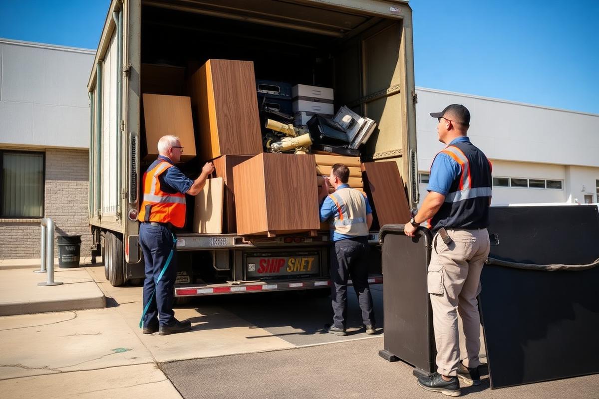 Crew loading old office furniture into a junk removal truck